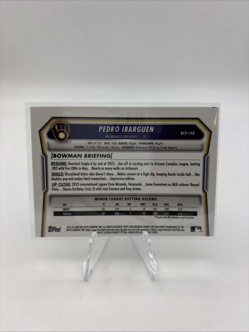 2026 Bowman PEDRO IBARGUEN 1st Green Geometric Refractor #/99 Brewers SP