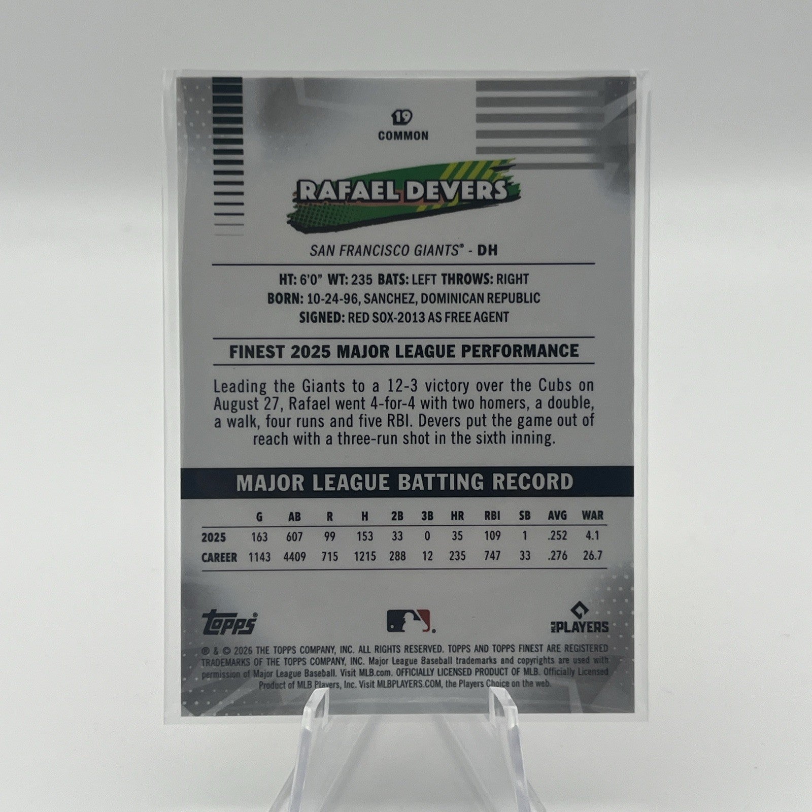 2026 Topps Finest Baseball Rafael Devers Pink Refractor /250 - GIANTS
