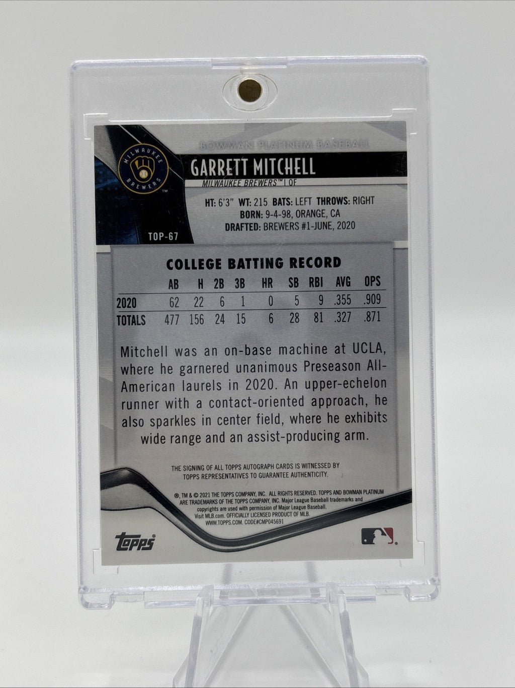 2021 Bowman Platinum - Top Prospects Garrett Mitchell Autograph Refractor