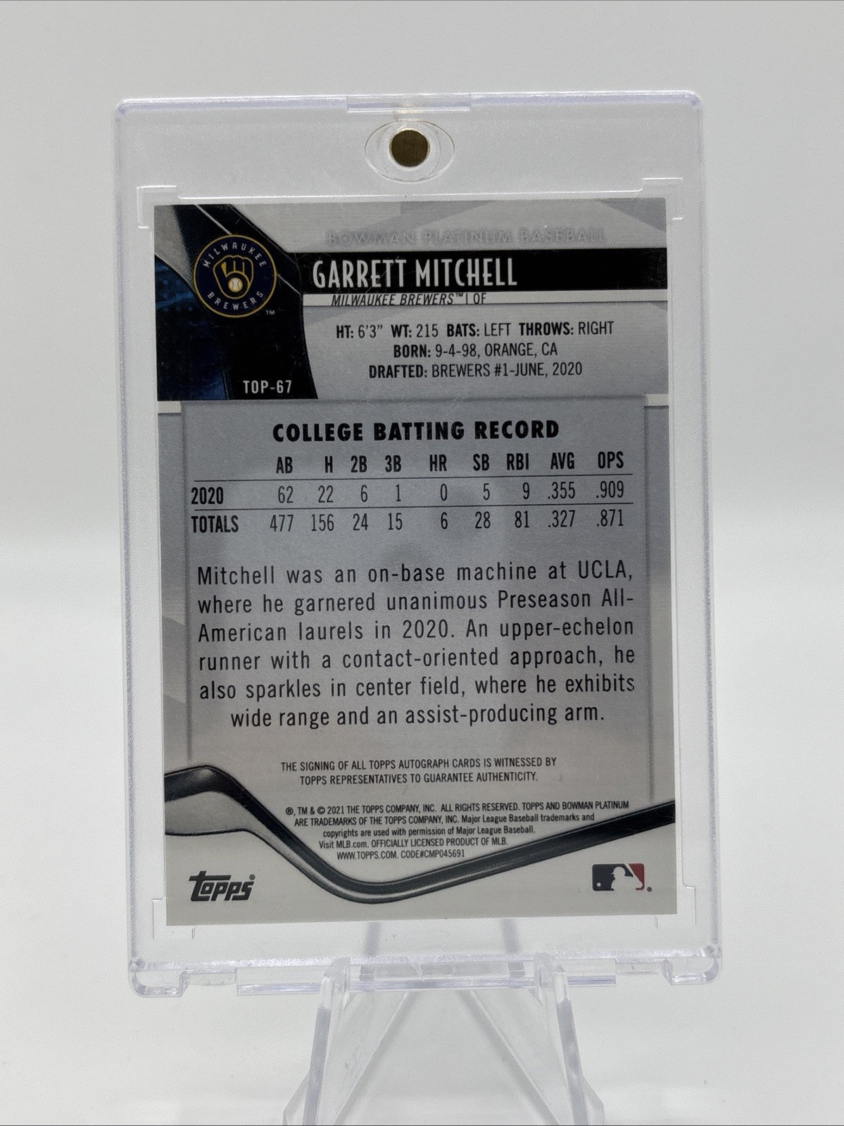 2021 Bowman Platinum - Top Prospects Garrett Mitchell Autograph Refractor