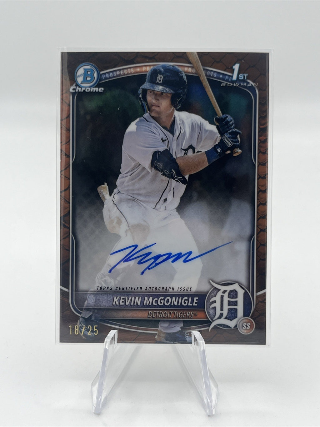 2025 Bowman Kevin McGonigle Chrome Reptilian Orange Refractor Auto #/25 Tigers