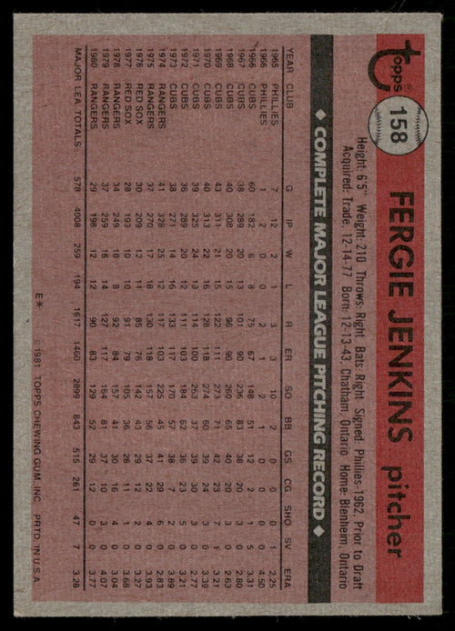 1981 Topps #158 Fergie Jenkins