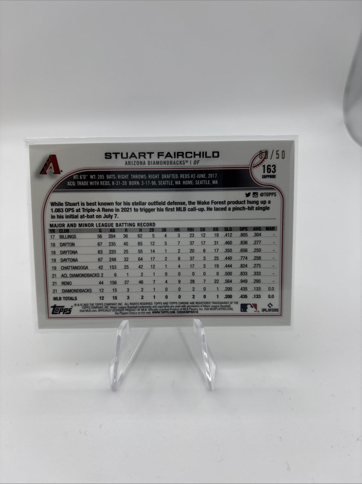 2022 Topps Chrome Sapphire Edition Gold /50- Stuart Fairchild #163 (RC)