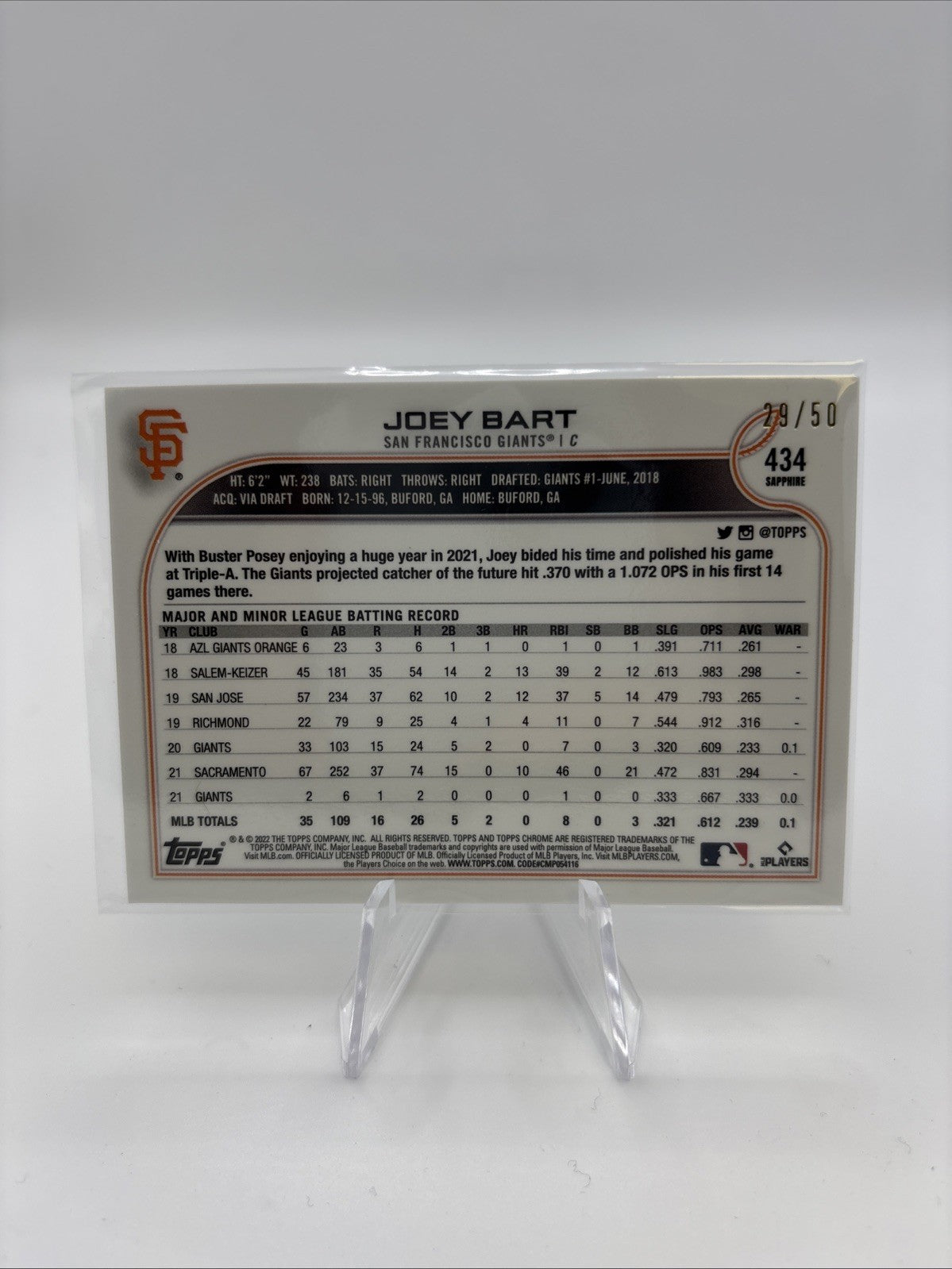 2022 Topps Chrome Sapphire Edition - Joey Bart #434 Gold /50