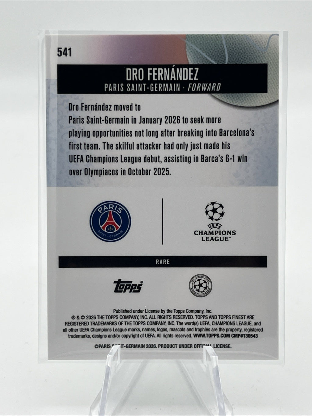 2025-26 Topps Finest UEFA #199 Dro Fernández - Paris Saint-Germain Rare RC /25