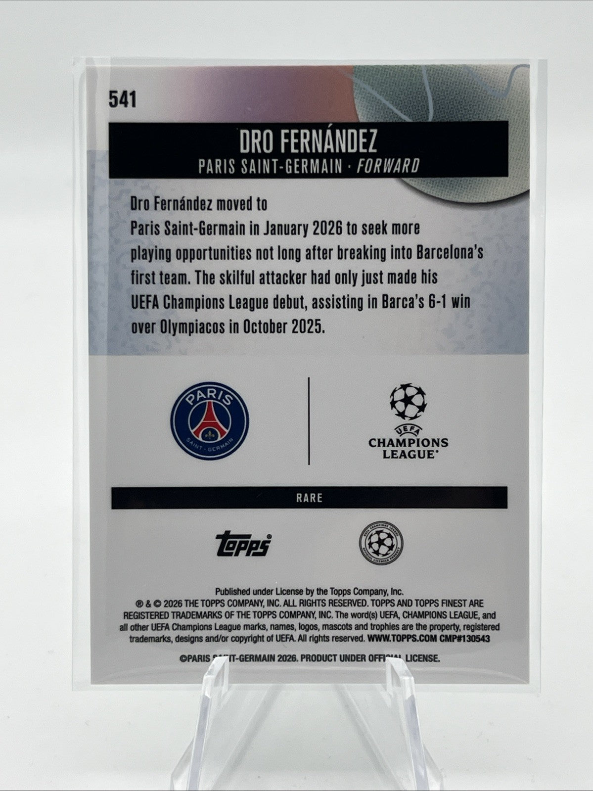 2025-26 Topps Finest UEFA #199 Dro Fernández - Paris Saint-Germain Rare RC /25