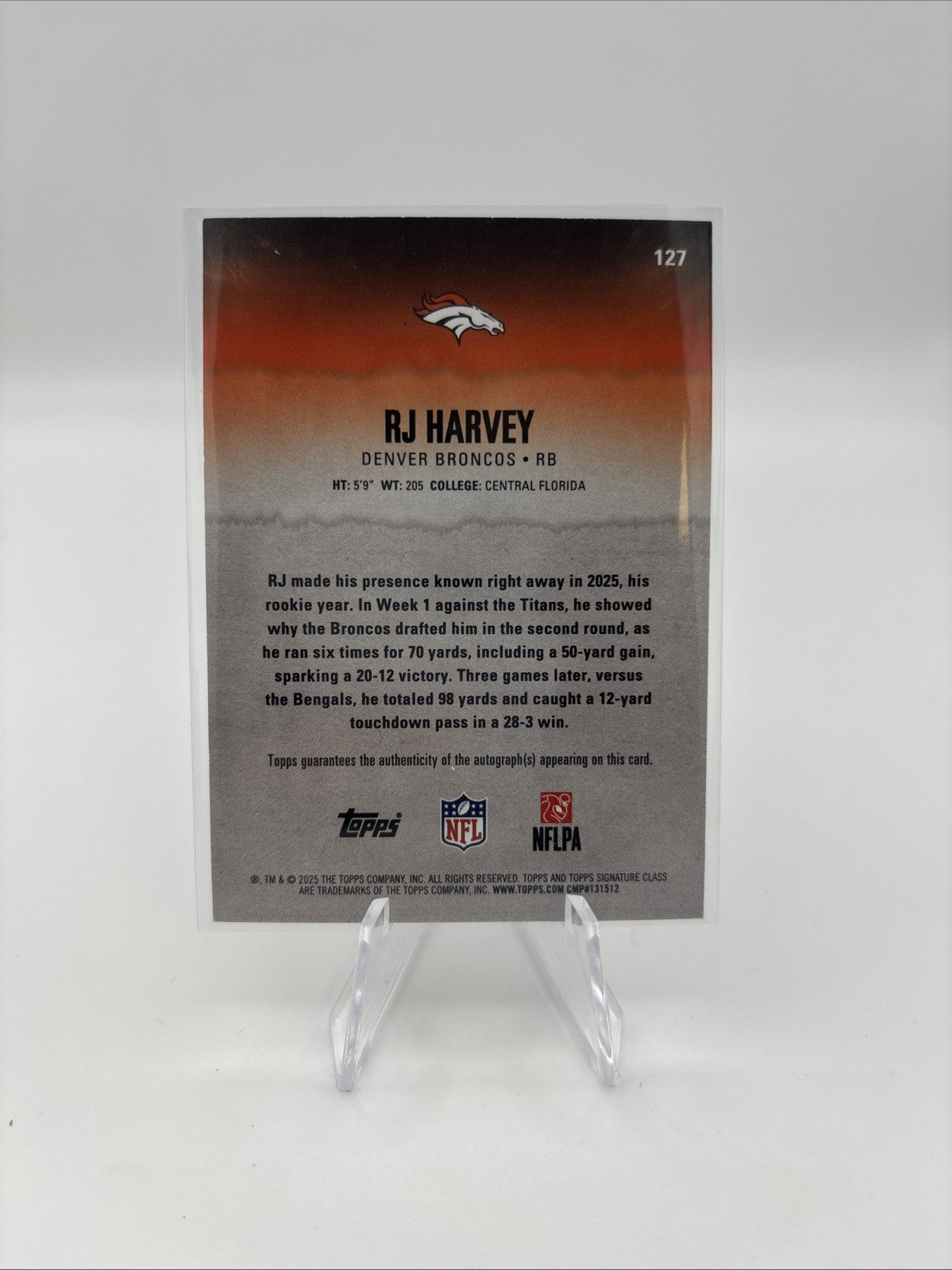 2025 Topps Signature Class RJ Harvey Orange Auto /50