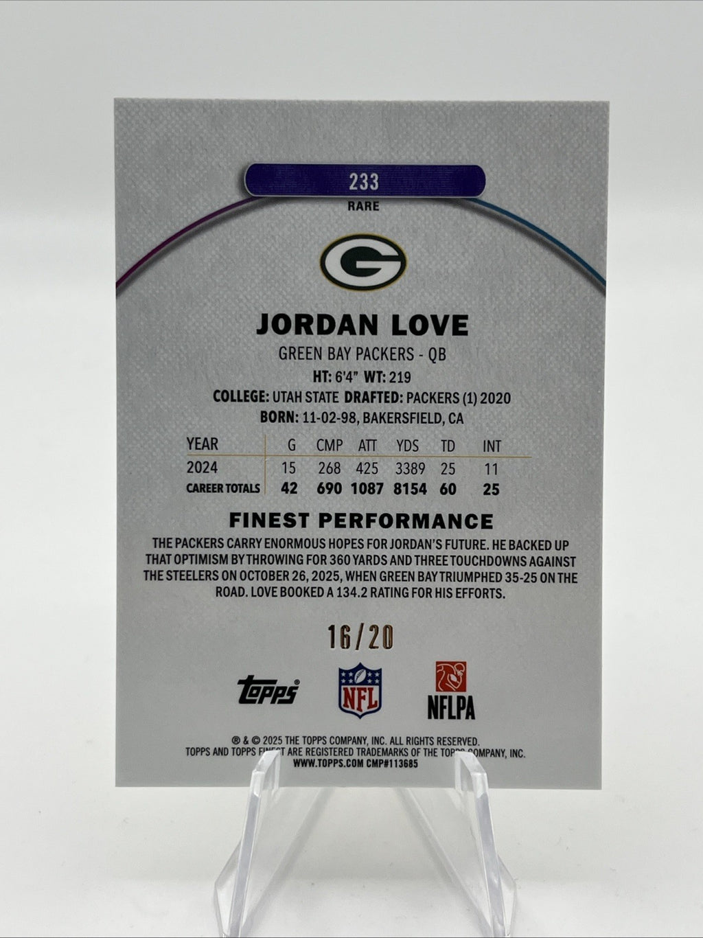 2025 Topps Finest Jordan Love #233 Rare Gold Refractor #/20 Packers