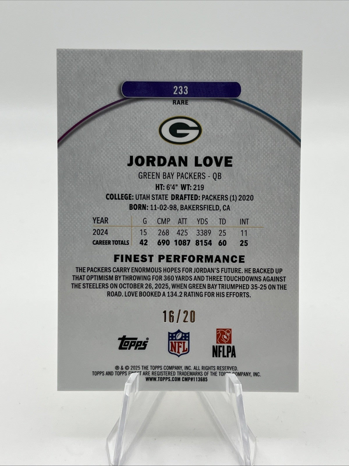 2025 Topps Finest Jordan Love #233 Rare Gold Refractor #/20 Packers