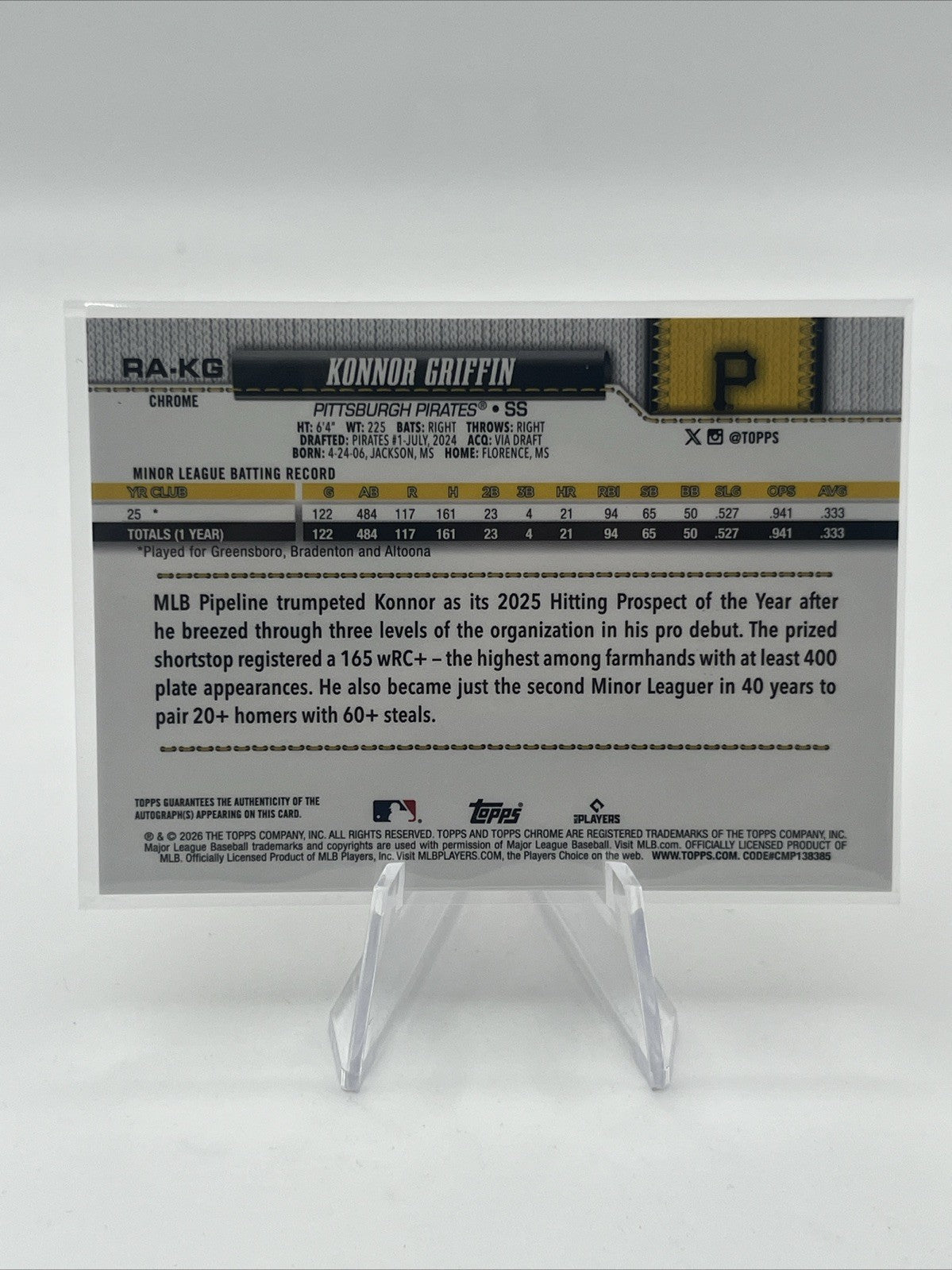 Topps Chrome 2026 Konnor Griffin Pittsburgh Pirates Rookie Auto Orange /25