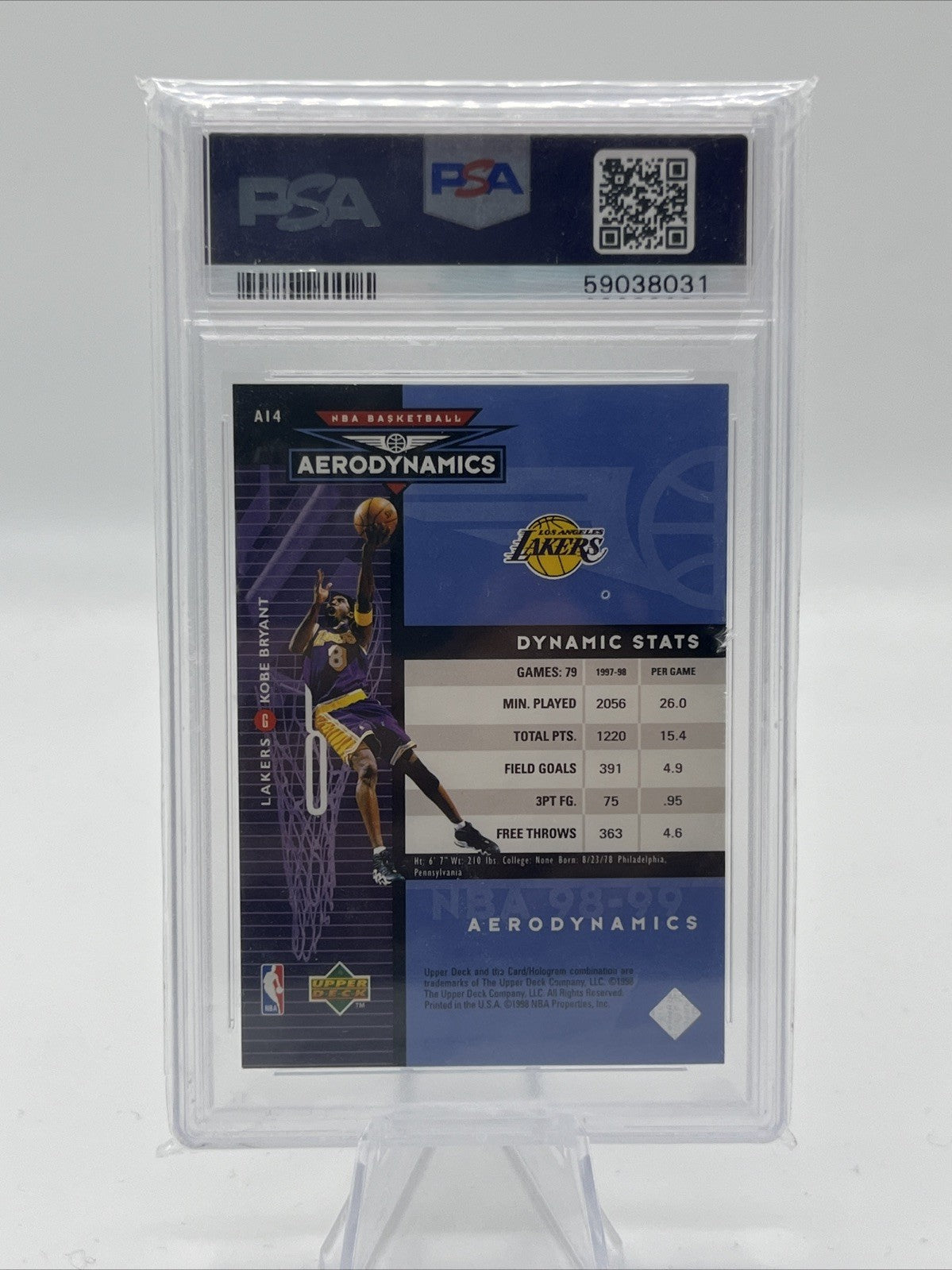 KOBE BRYANT 1998-99 UPPER DECK AERODYNAMICS #A14 L.A. LAKERS HOF PSA 7 NM