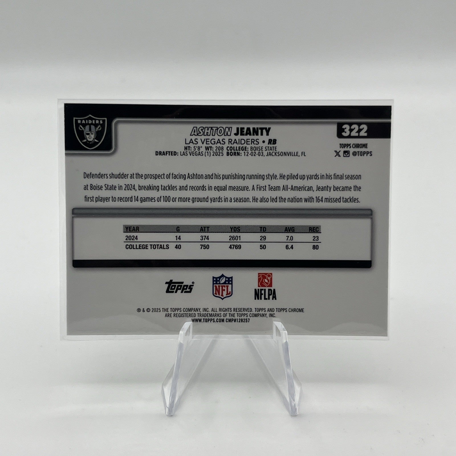 2025 TOPPS CHROME ASHTON JEANTY SILVER PULSAR REFRACTOR #322 RAIDERS ROOKIE