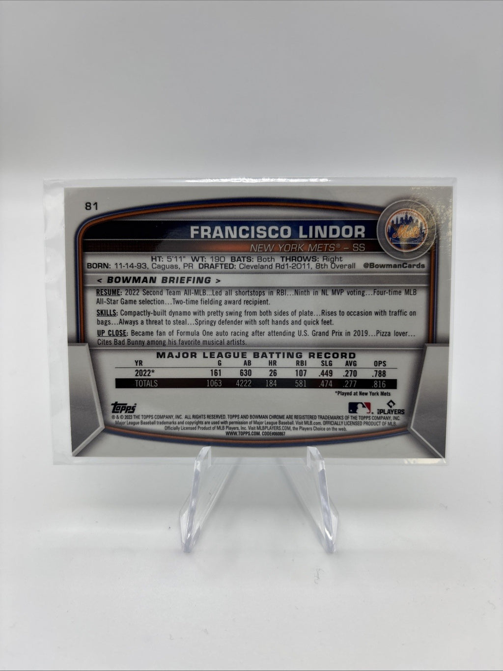 2023 Bowman - Francisco Lindor #81 Chrome Navy Mojo Refractor /175 ‼️BOOKEND‼️