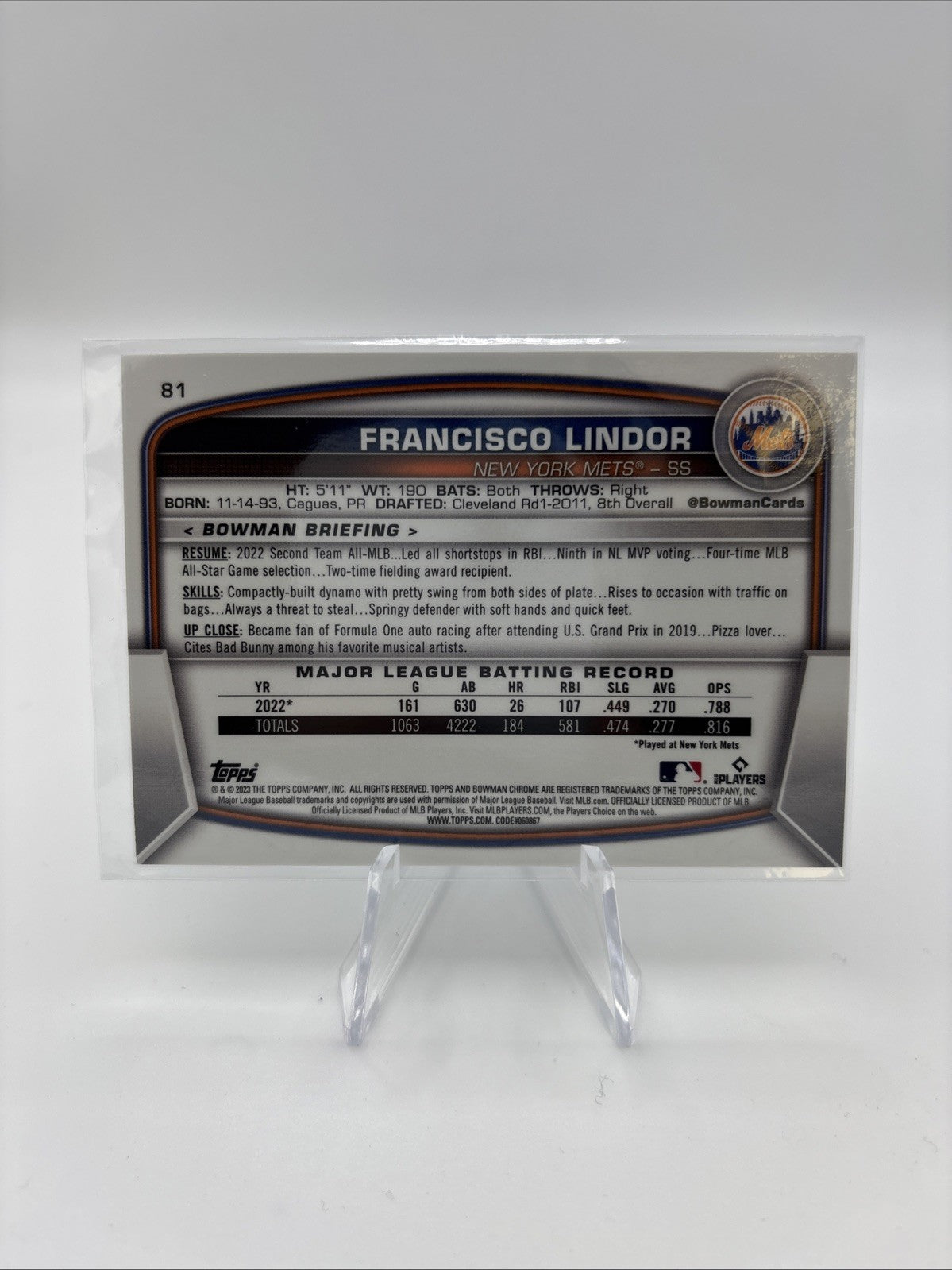 2023 Bowman - Francisco Lindor #81 Chrome Navy Mojo Refractor /175 ‼️BOOKEND‼️