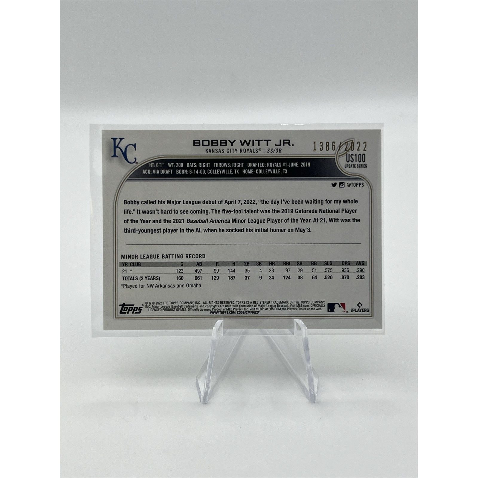 2022 Topps Update Series - Bobby Witt Jr. #US100 Gold /2022 (RC)