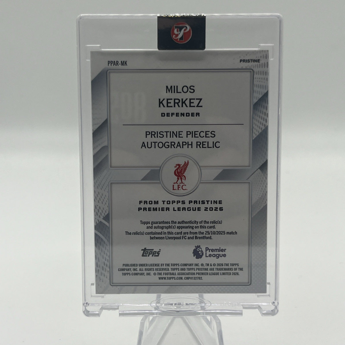 2025-26 Pristine Premier League Milos Kerkez Gold Refractor Patch Auto /50