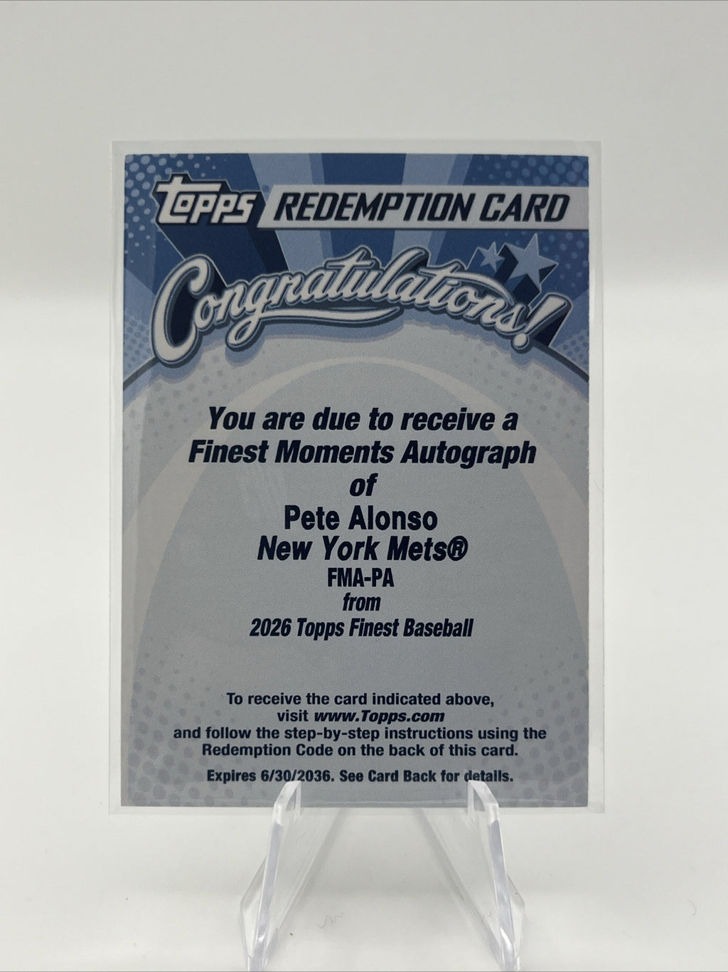 2026 Topps Finest Baseball Pete Alonso Finest Moments Autograph REDEMPTION