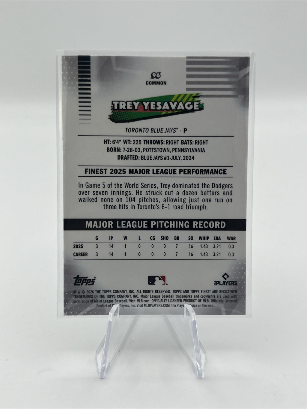 Trey Yesavage 2026 Topps Finest #96 Common RC Blue Jays
