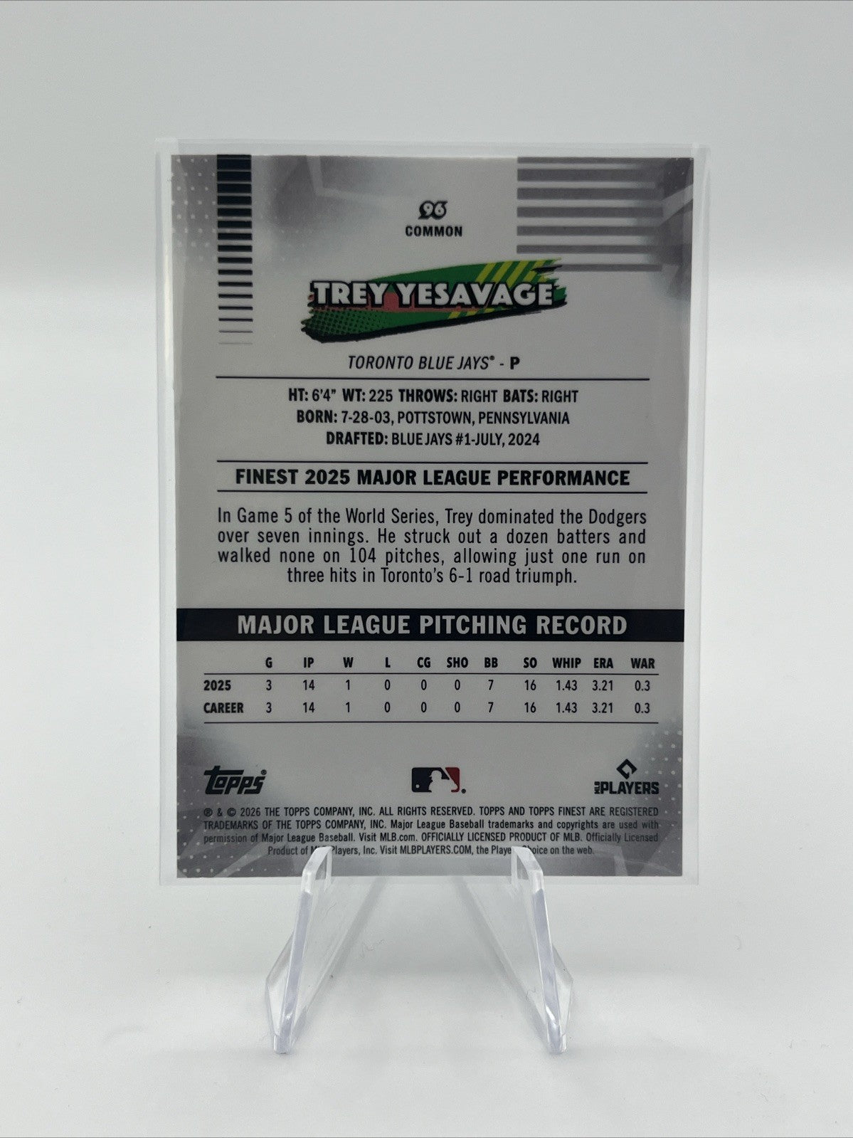 Trey Yesavage 2026 Topps Finest #96 Common RC Blue Jays