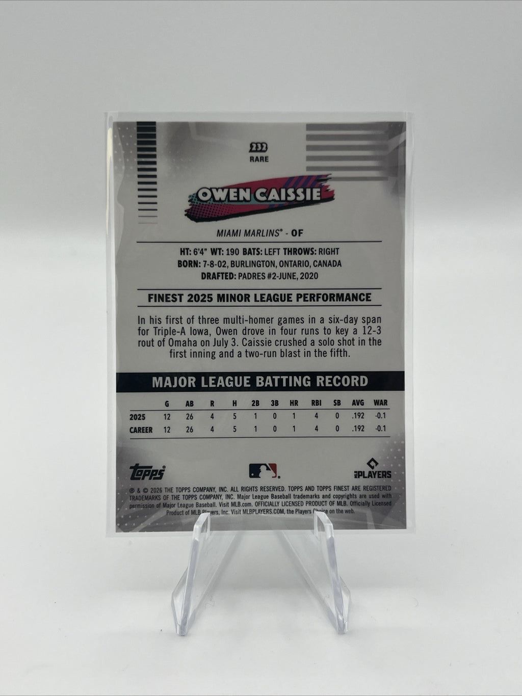 2026 Topps Finest Baseball Owen Caissie #232 Purple X-Fractor #/75 ‼️RARE‼️