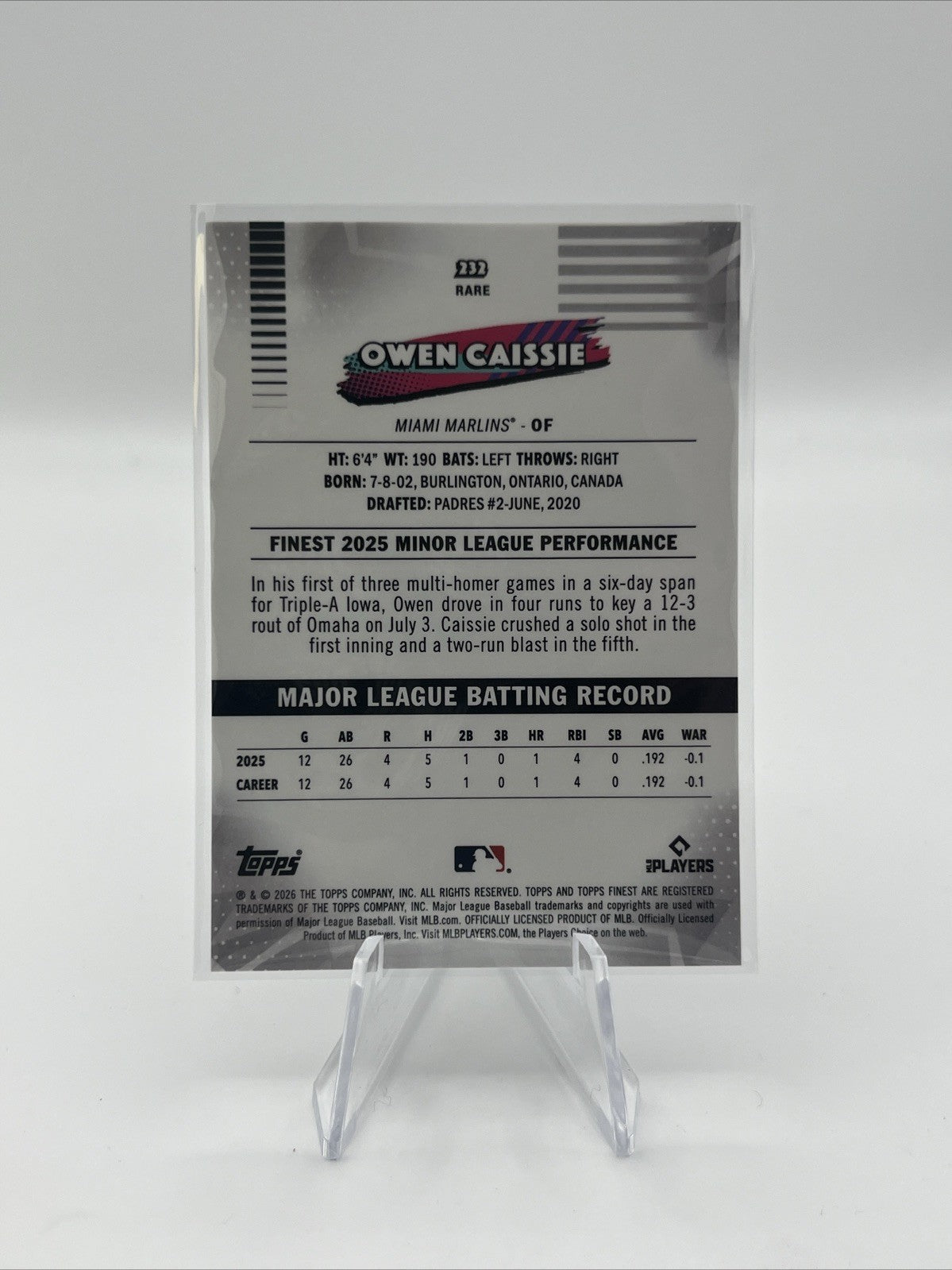 2026 Topps Finest Baseball Owen Caissie #232 Purple X-Fractor #/75 ‼️RARE‼️