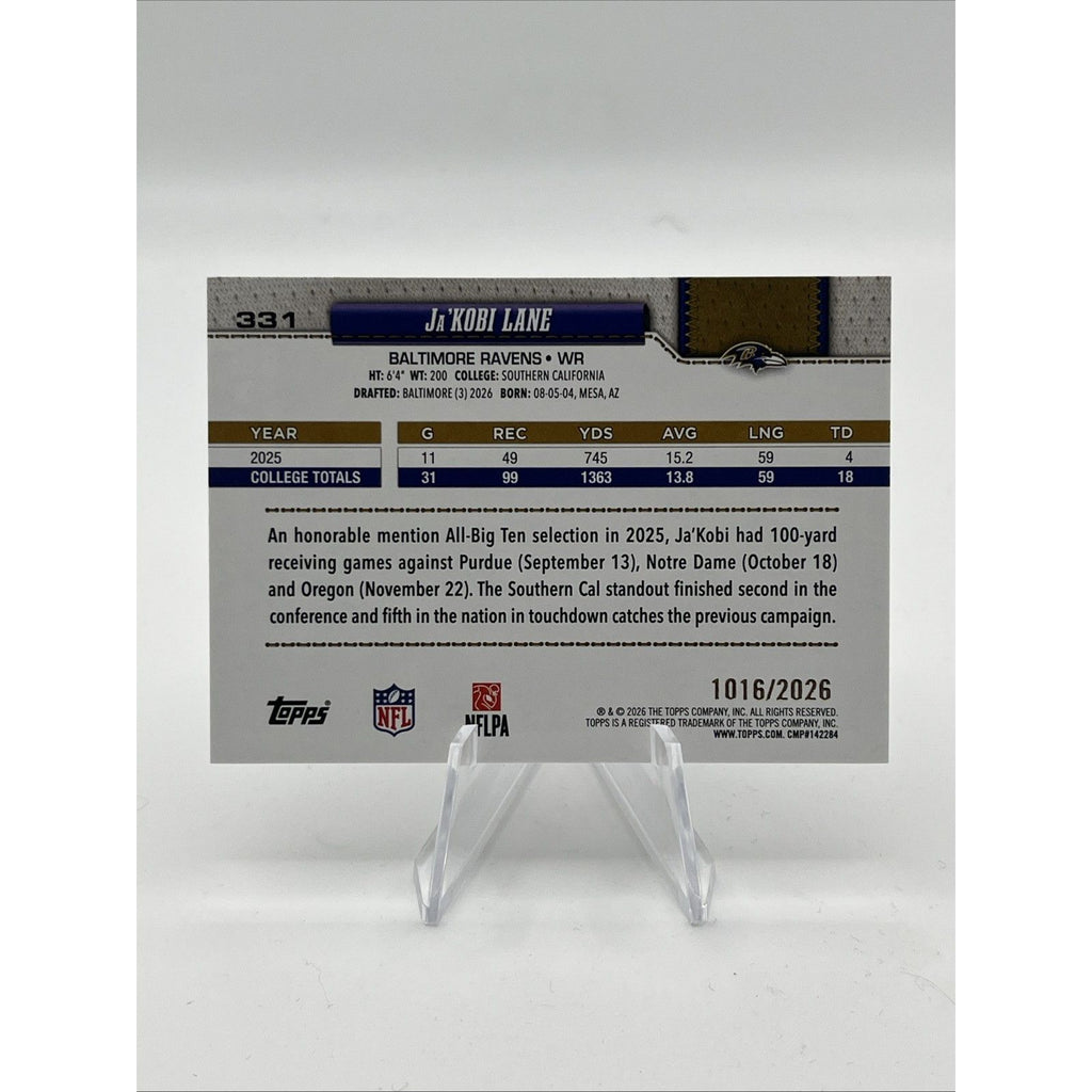 Ja'Kobi Lane 2026 Topps Flagship Football Gold Paper Parallel /2026 #331 Rookie 