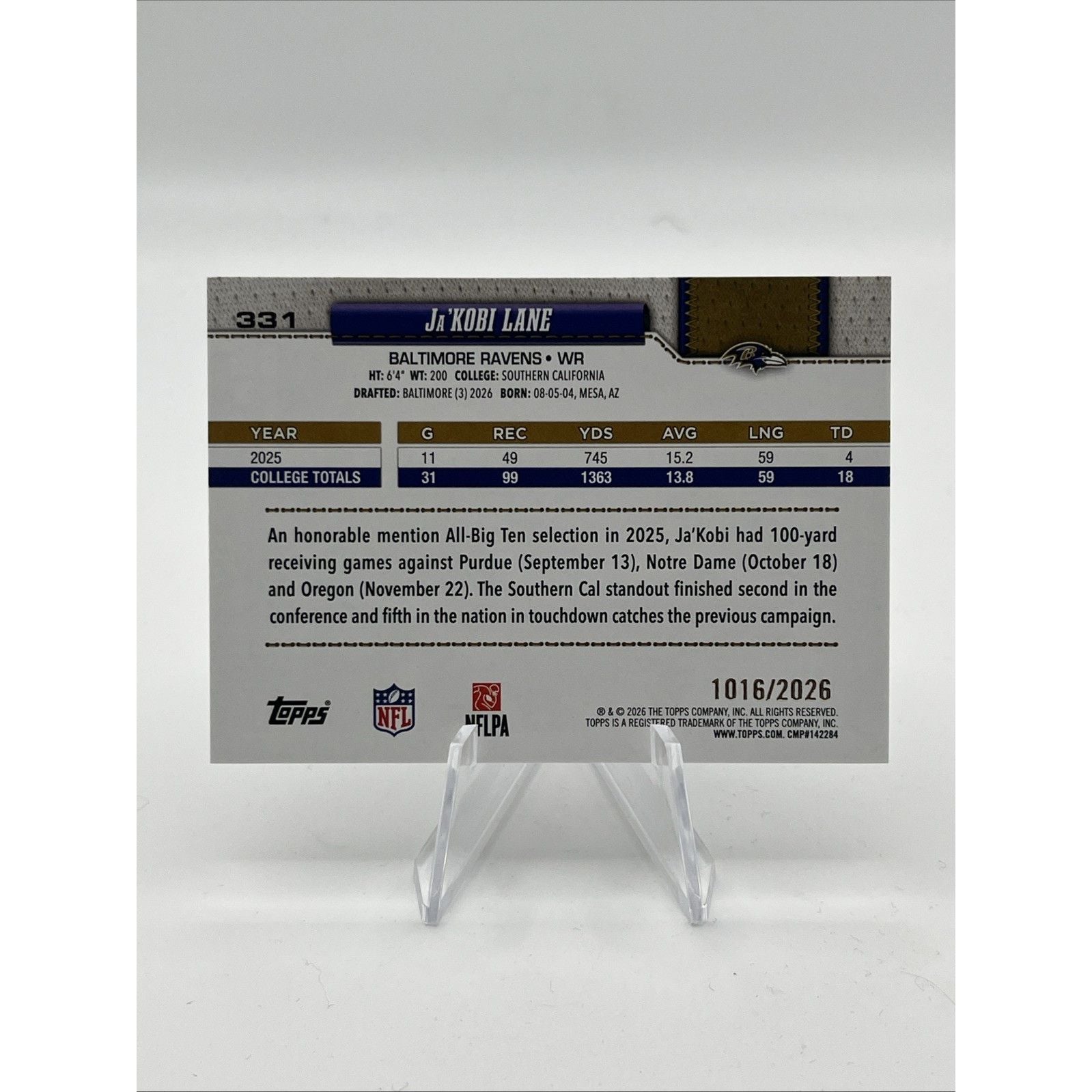 Ja'Kobi Lane 2026 Topps Flagship Football Gold Paper Parallel /2026 #331 Rookie 