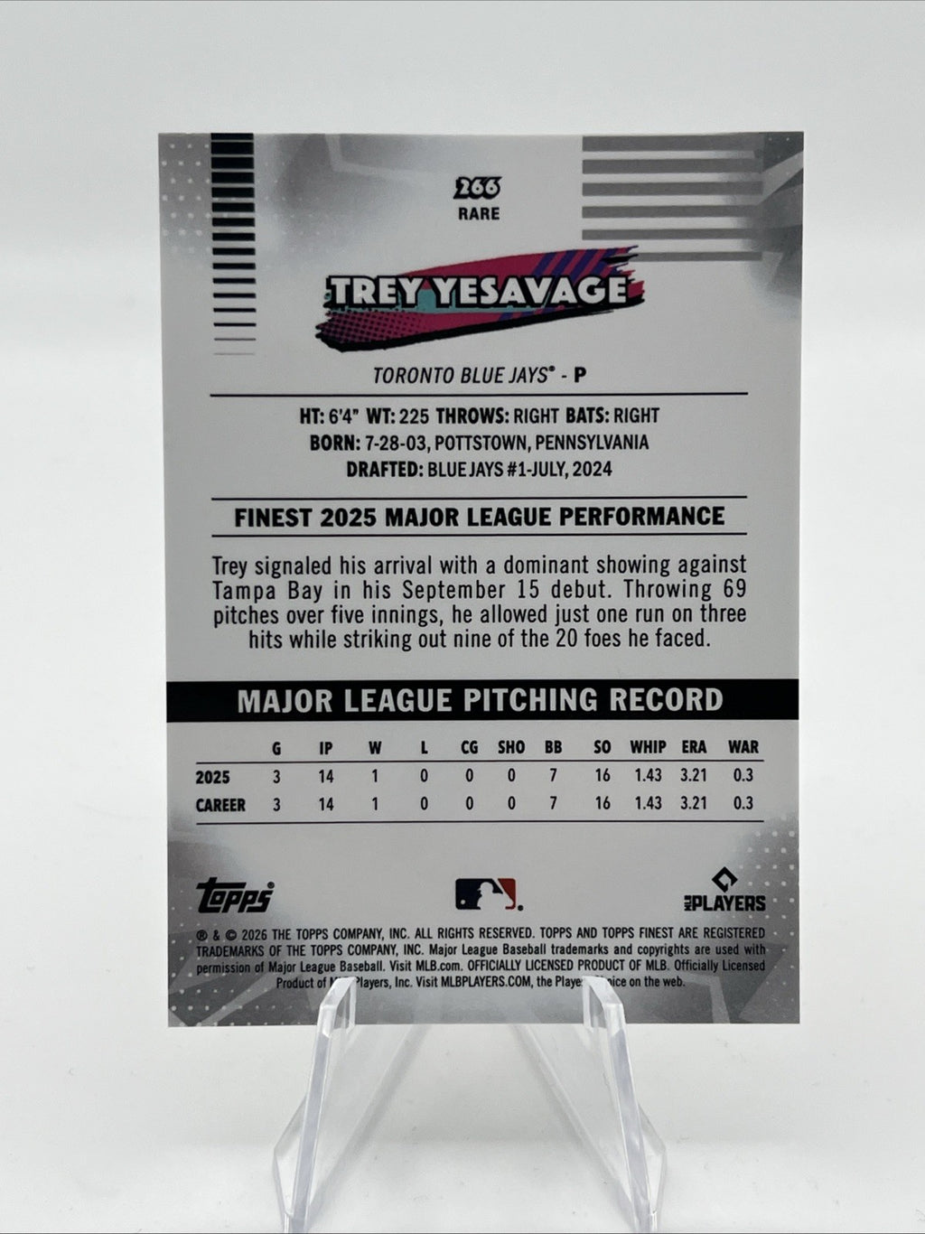 2026 Topps Finest Trey Yesavage RARE #266 Gold Xfractor /50 Blue Jays RC