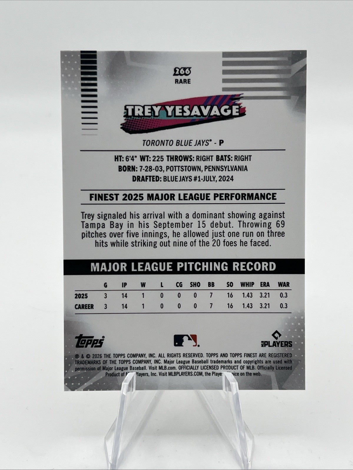 2026 Topps Finest Trey Yesavage RARE #266 Gold Xfractor /50 Blue Jays RC