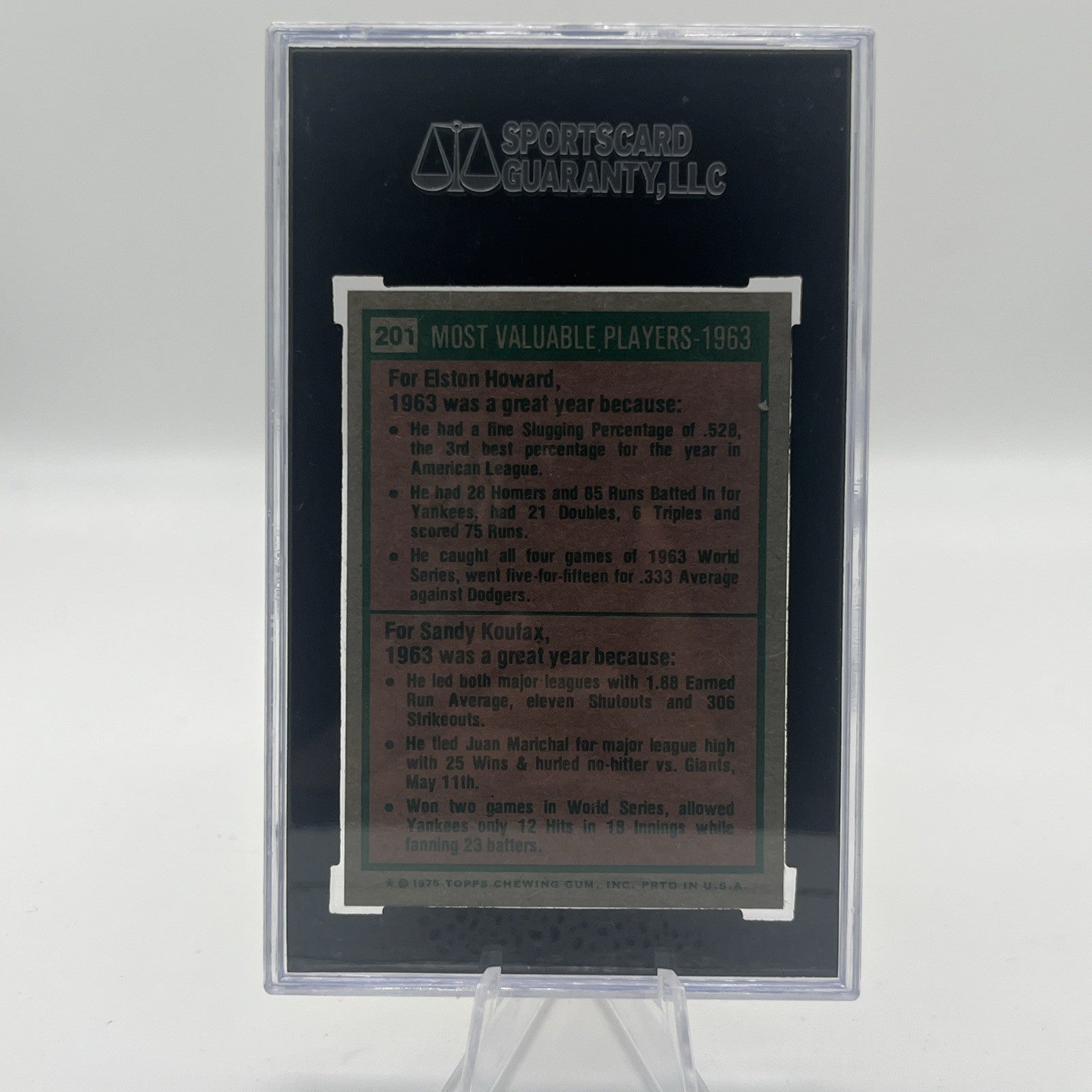 1975 Topps Baseball MINI #201 Sandy Koufax / E Howard SGC 96 MINT Low Pop