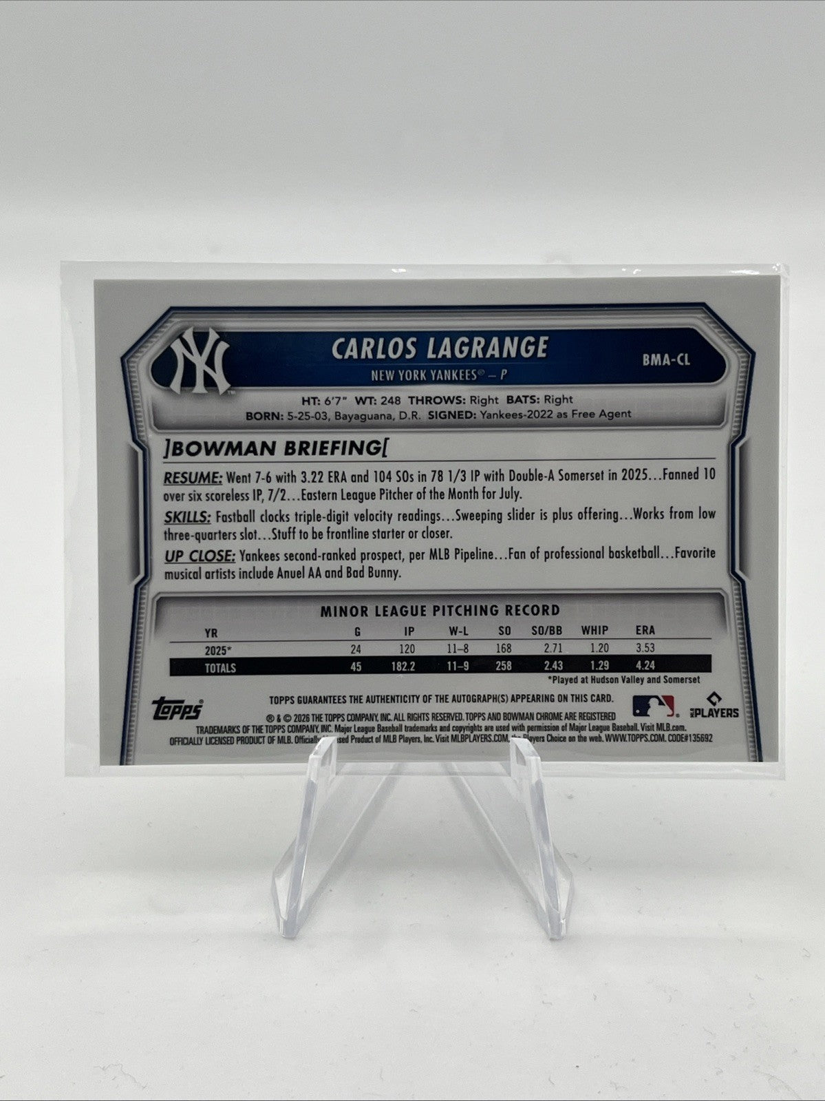 2026 Bowman Carlos LaGrange Chrome Mojo Refractor Auto #BMA-CL Yankees