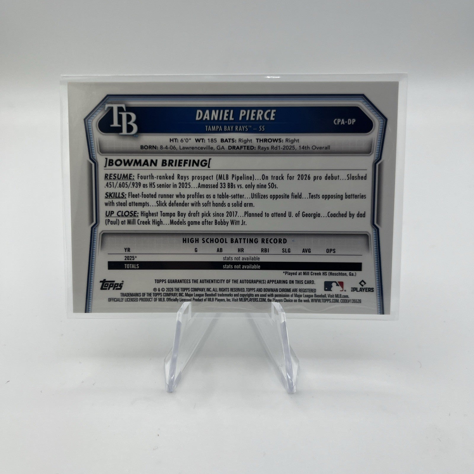 2026 Bowman Baseball Chrome Daniel Pierce Prospect 1st Bowman Auto Rays CPA-DP