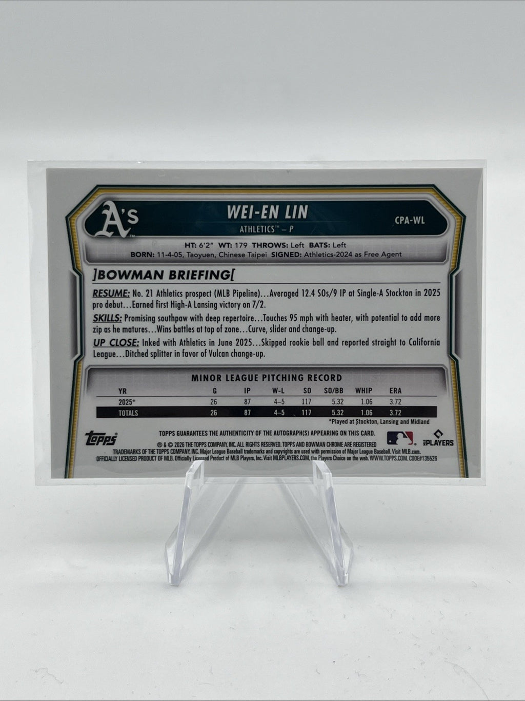 Bowman 2026 Bowman Chrome Wei-En Lin #CPA-WL Auto /299 Athletics