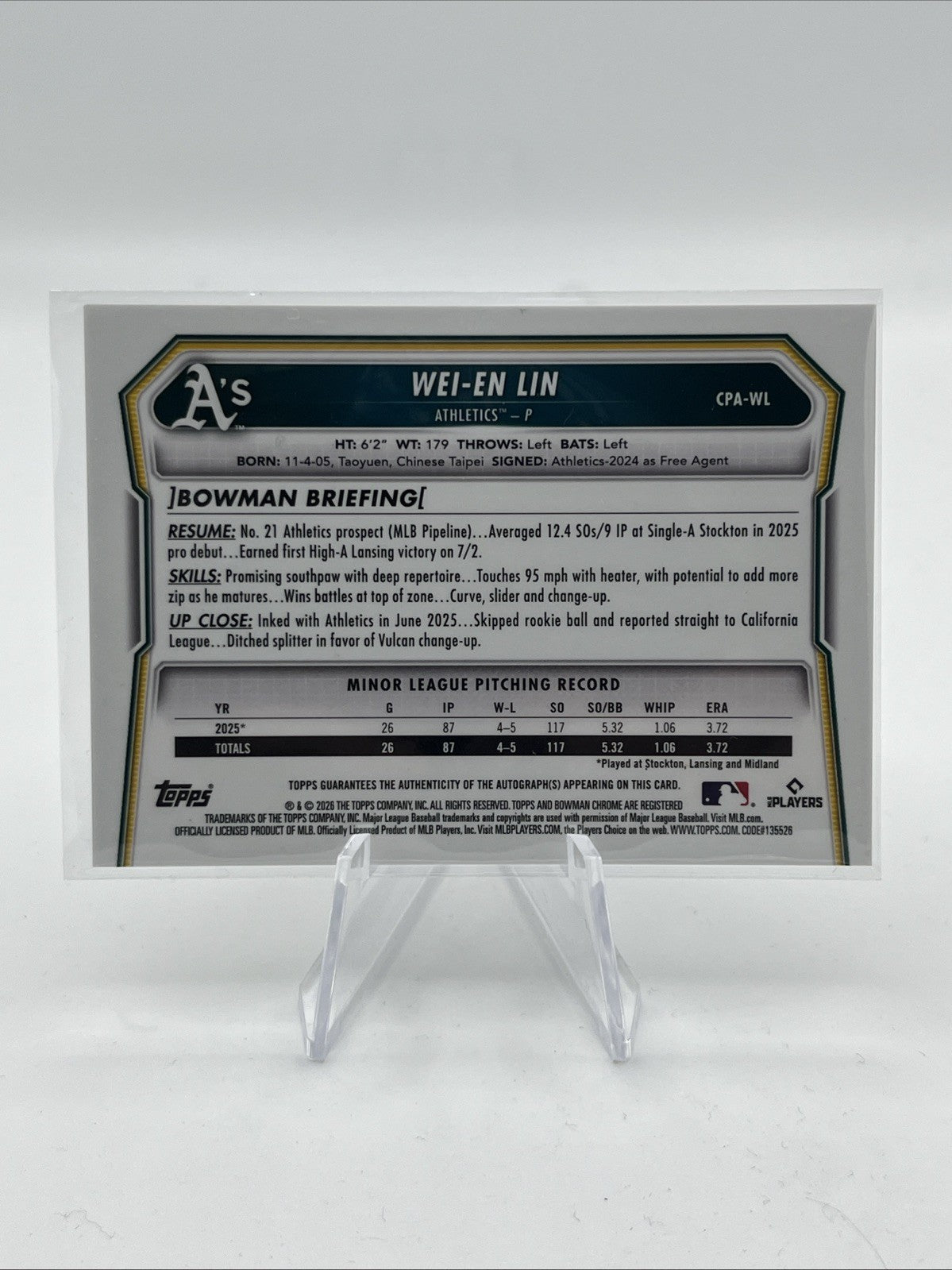 Bowman 2026 Bowman Chrome Wei-En Lin #CPA-WL Auto /299 Athletics
