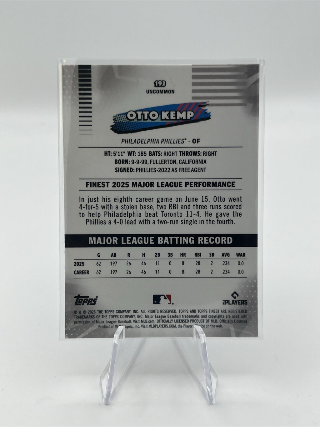 2026 Topps Finest Otto Kemp #192 (RC) Blue Refractor- Uncommon/150