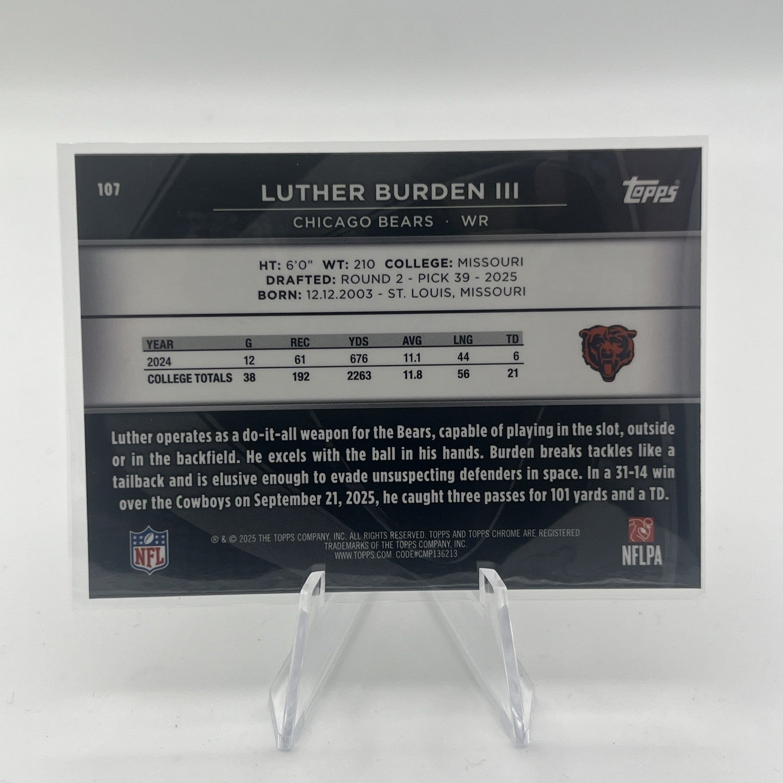 2025 Topps Chrome Black - Luther Burden III #107 Base (RC) Chicago Bears