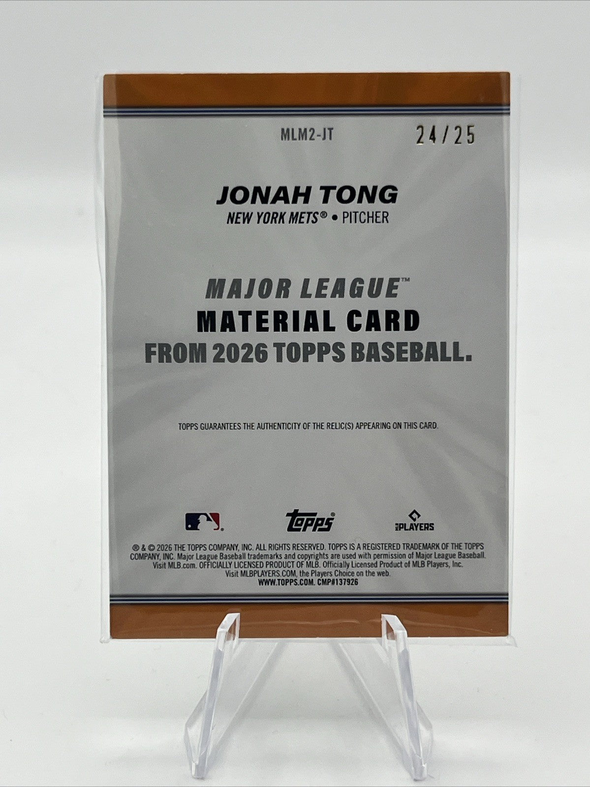 2026 Topps Series 2 #MLM2-JT Jonah Tong Major League Material Orange /25 RC