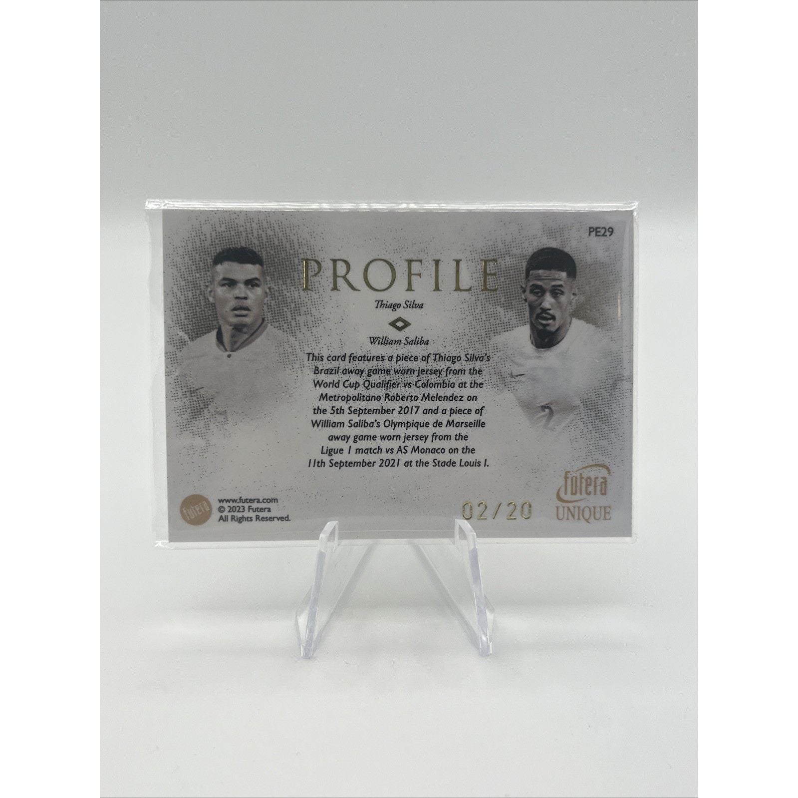 2023 Futera Unique Soccer Profile Game Worn Thiago Silva/William Saliba #/20