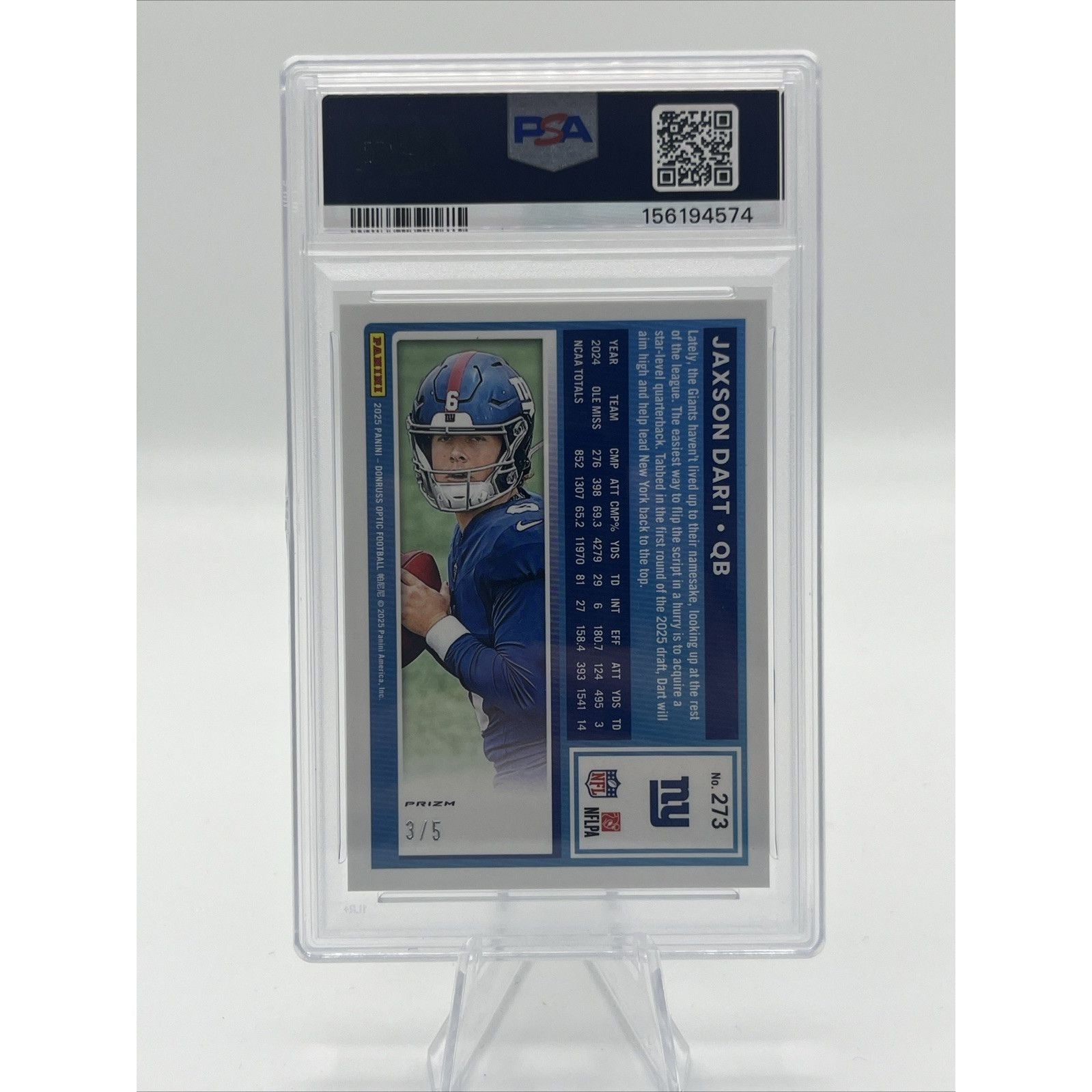 2025 Jaxson Dart Panini Donruss Optic - Rated Rookie Green /5 Rookie Psa 9 