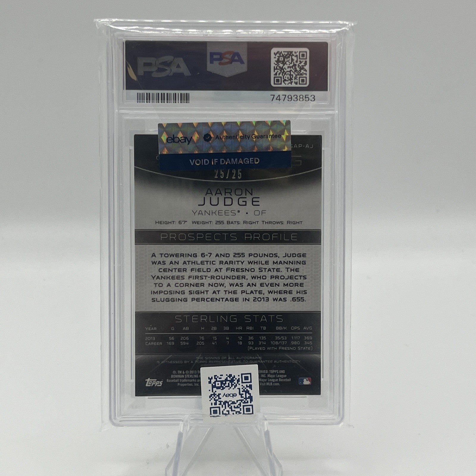 2013 Bowman Sterling Prospect Autographs Aaron Judge Blue Refractor /25 PSA 8/10