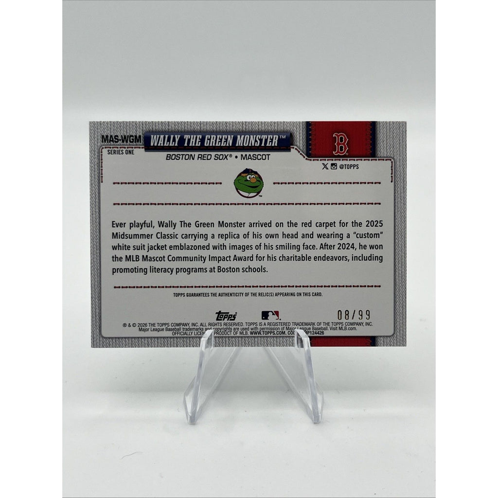 Wally The Green Monster Mascot 2026 Topps Celebration Green Relic #/99 Red Sox