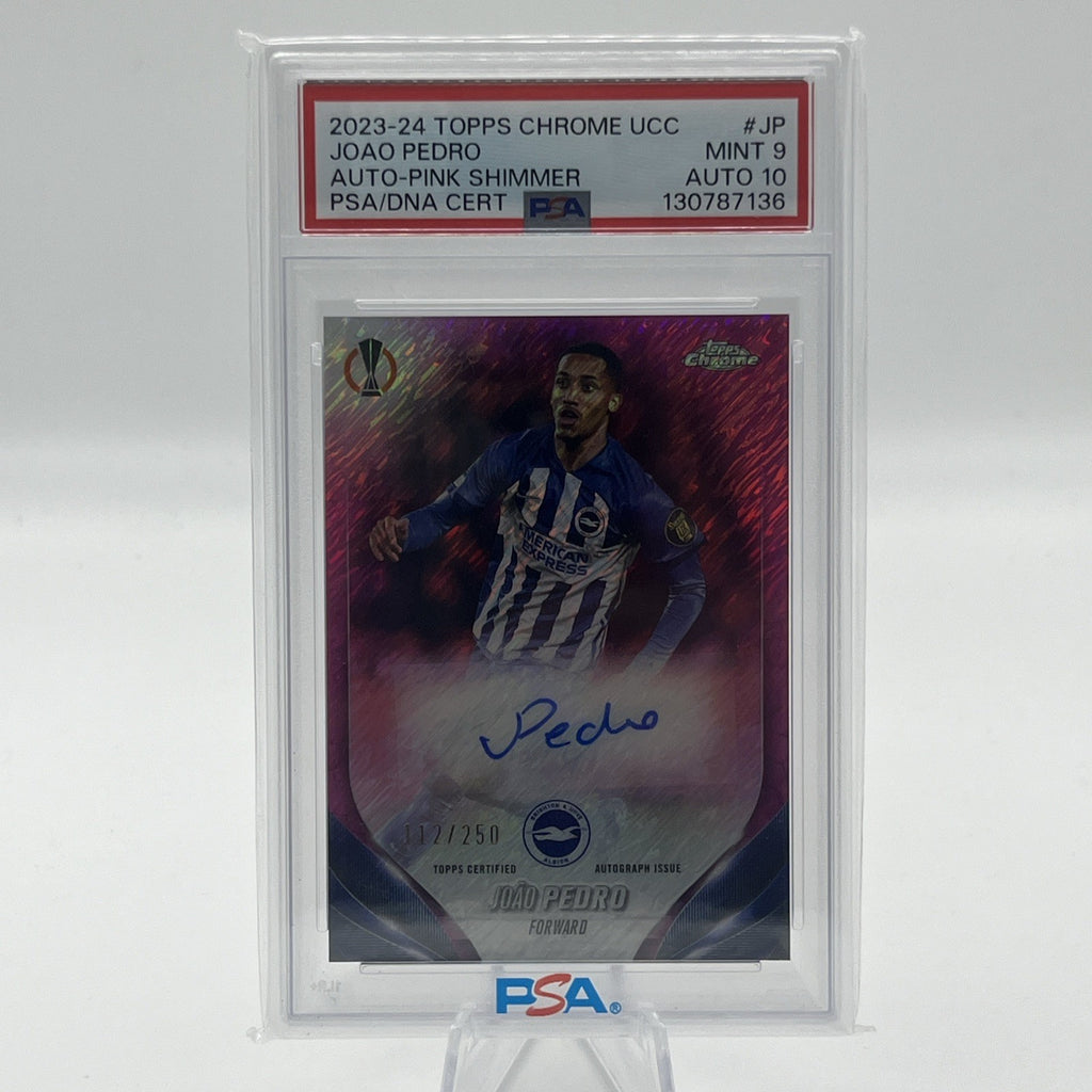 2023-24 Topps Chrome UCC Joao Pedro Auto Pink Shimmer /250 PSA 9 Auto 10