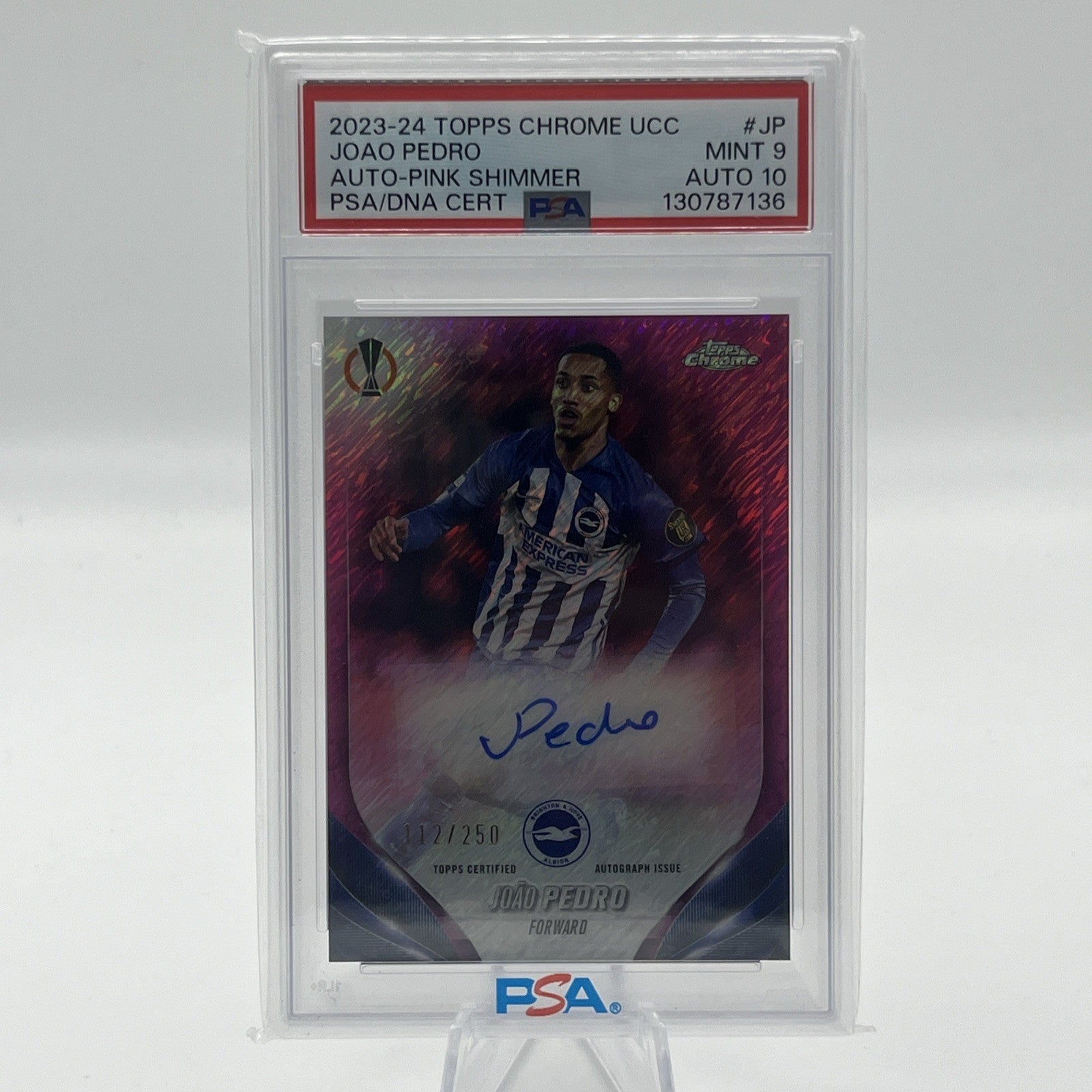 2023-24 Topps Chrome UCC Joao Pedro Auto Pink Shimmer /250 PSA 9 Auto 10