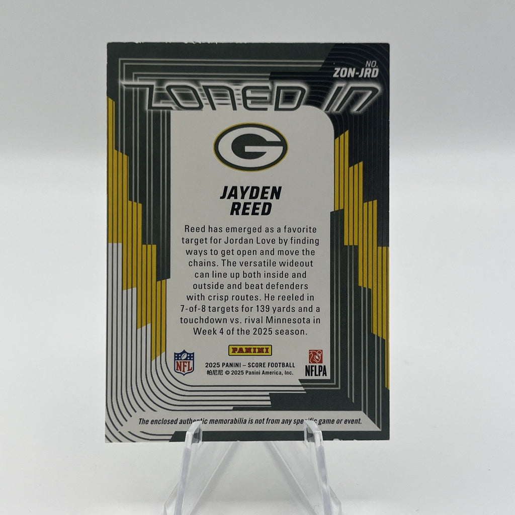 2025 Score - Zoned in Jayden Reed Relic #ZON-JRD Prime #001/100