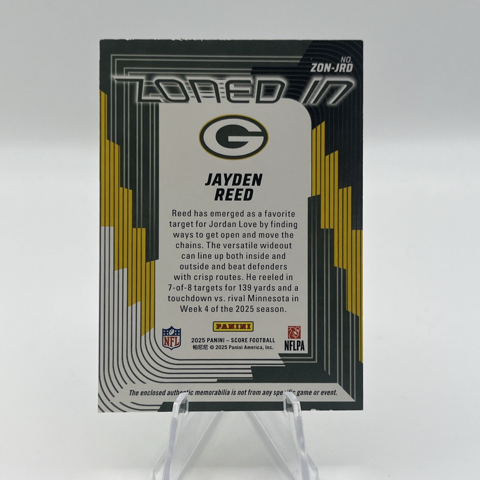 2025 Score - Zoned in Jayden Reed Relic #ZON-JRD Prime #001/100