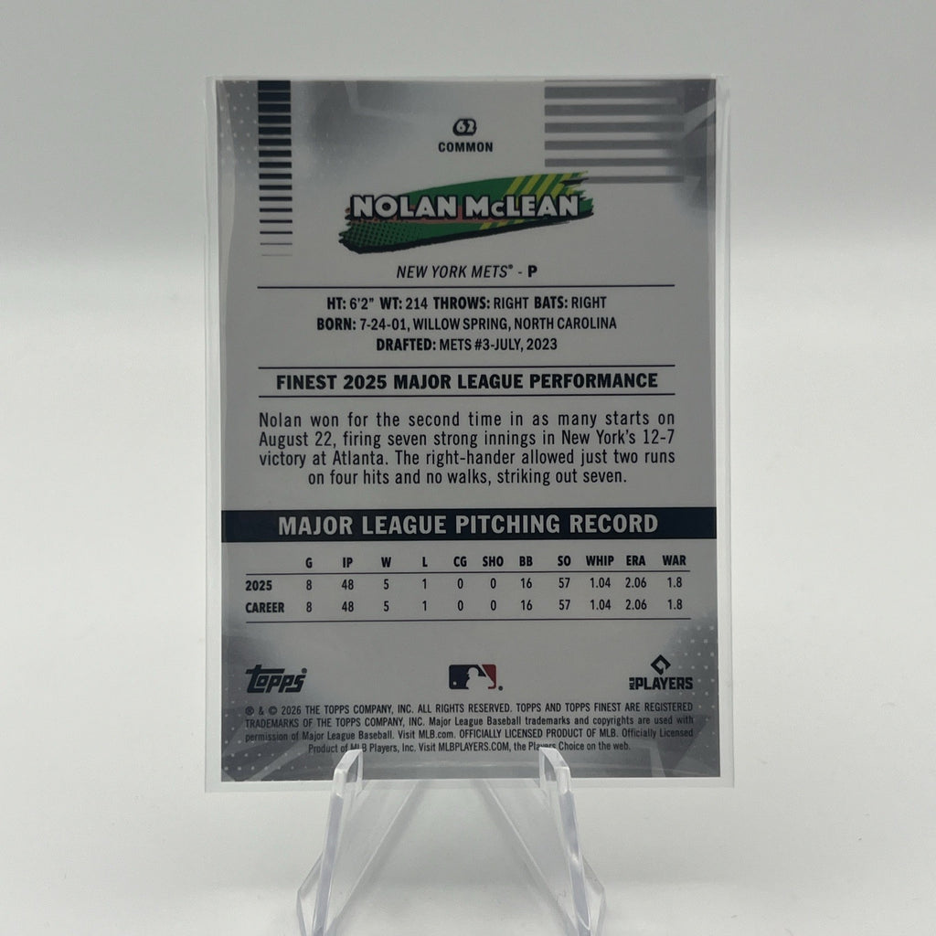 2026 Topps Finest Nolan McLean #240 Common White X Fractor #/30 (RC) Mets