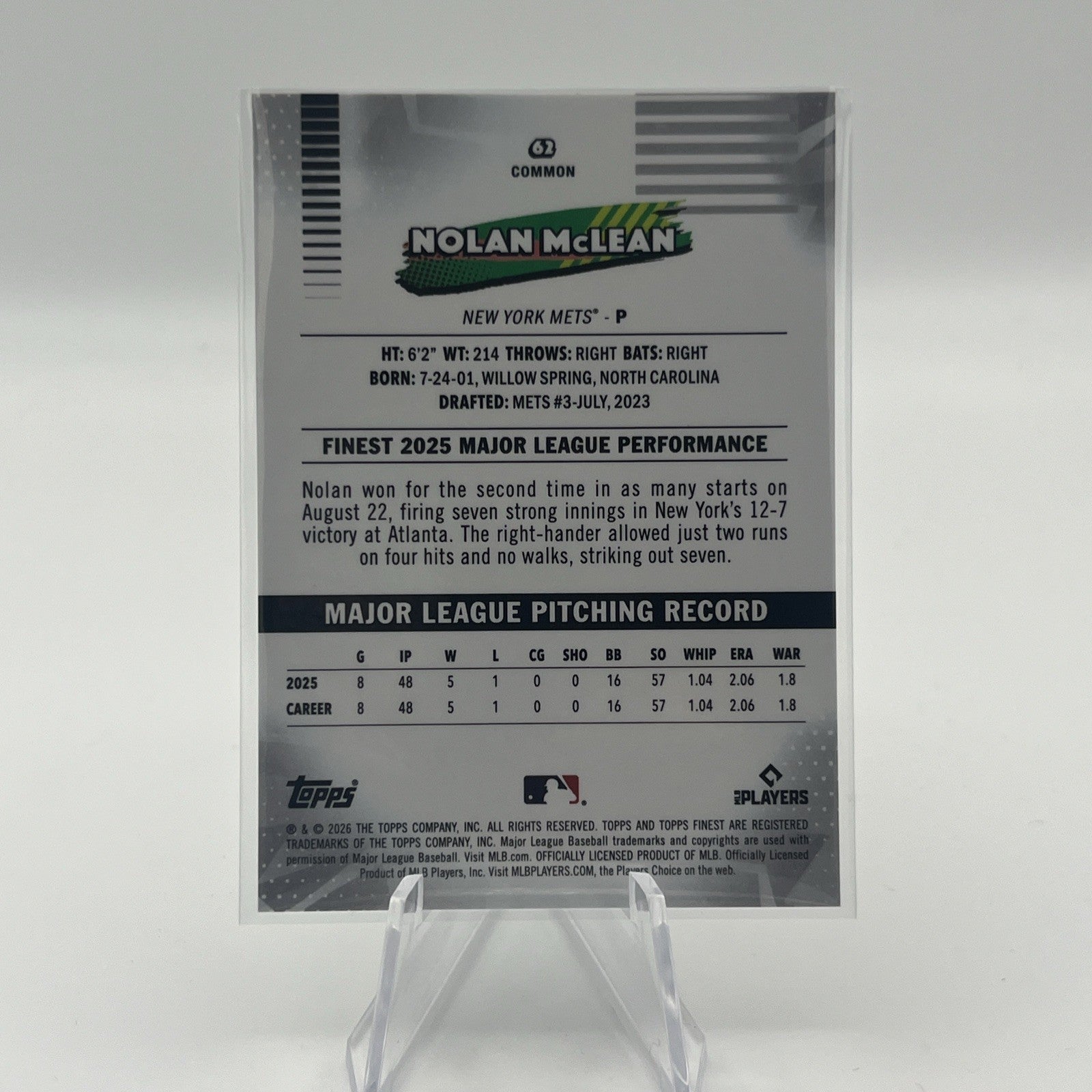 2026 Topps Finest Nolan McLean #240 Common White X Fractor #/30 (RC) Mets