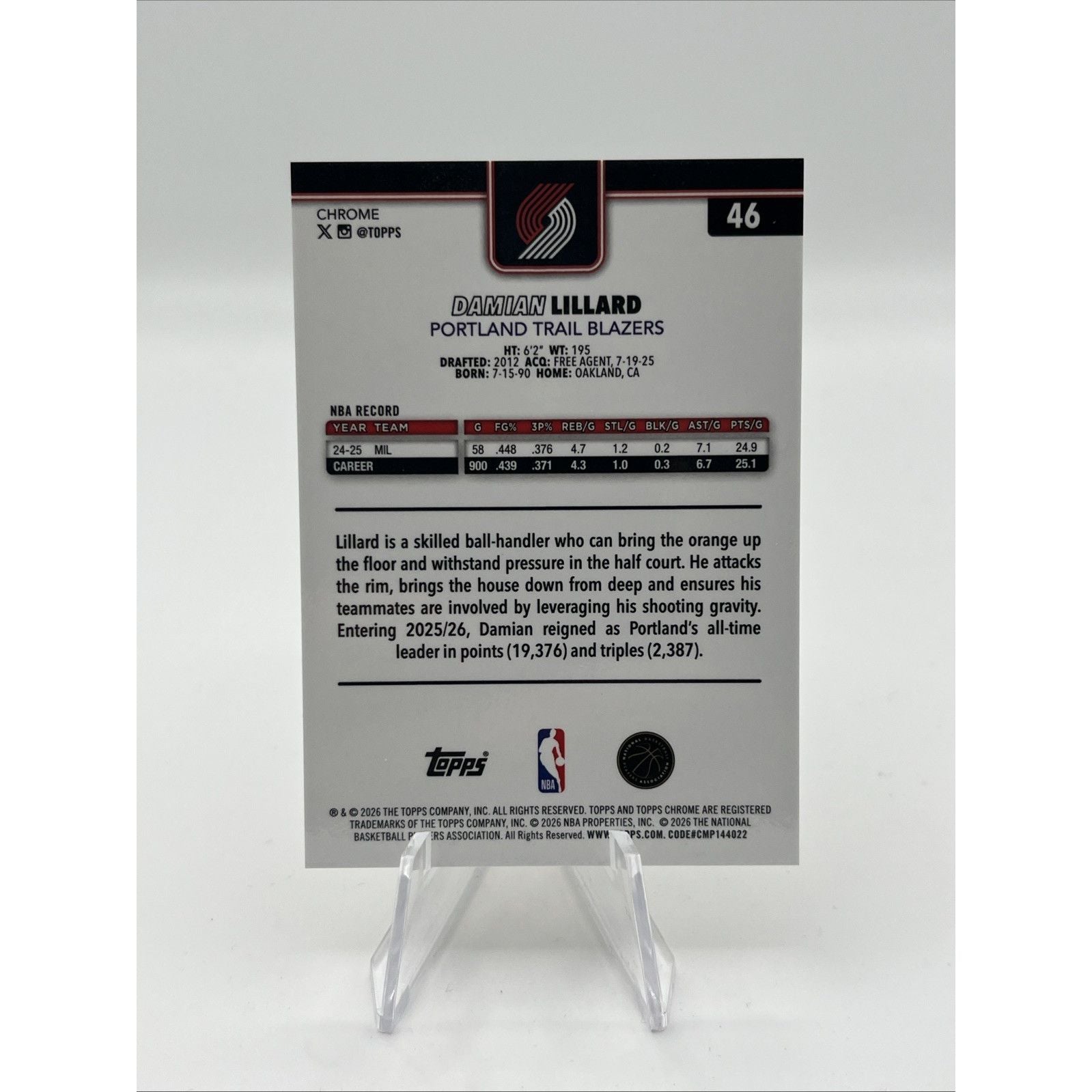 2025-26 Topps Chrome Update Damian Lillard TRUE GOLD REFRACTOR #/50