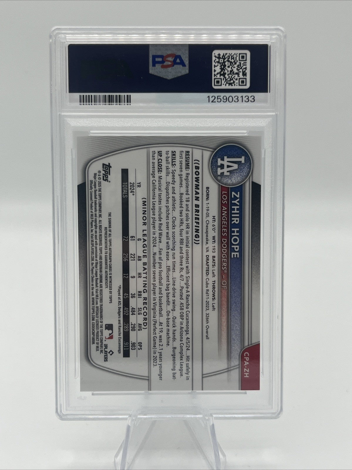 2025 BOWMAN CHROME PROSPECT AUTOS #CPAZH ZYHIR HOPE GREEN SHIMMER #/99 PSA 10