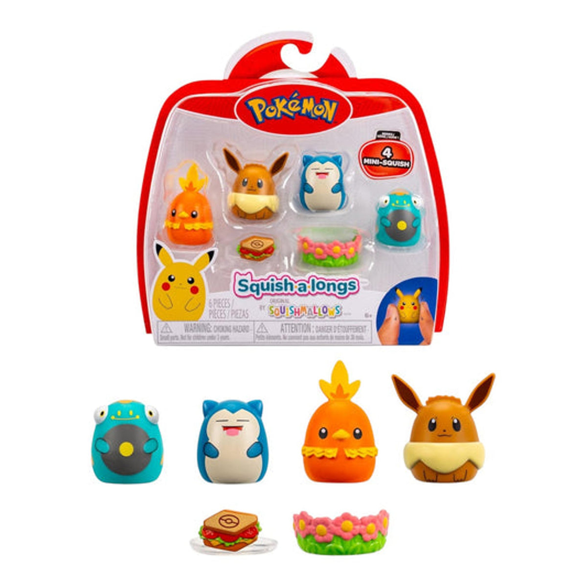 Jazwares LLC Squish-a-longs Pokémon Mini-Squish Eevee Snorlax Bellibolt Torchic 4-Pack